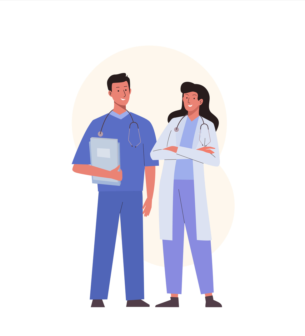 cartoon illustration of a female doctor with a male nurse discussing 2024 guide to common mental health medications