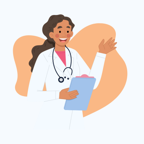 cartoon graphic of a doctor waving in a welcoming way